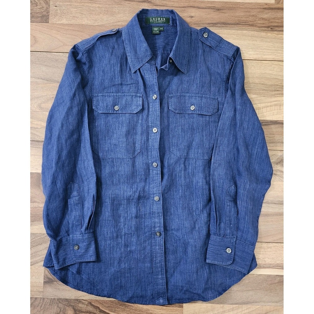 Lauren Ralph Lauren Denim Chambray Shirt Linen Shoulder Epaulets Petite Small - Picture 2 of 9